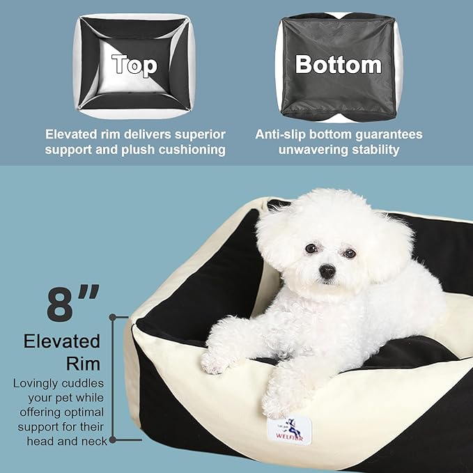 Washable Rectangle Dog Bed with Removable Cover, Color-Block Gingham Cotton Puppy Sofa, Breathable Scratch Resistant Pet Bed, Small