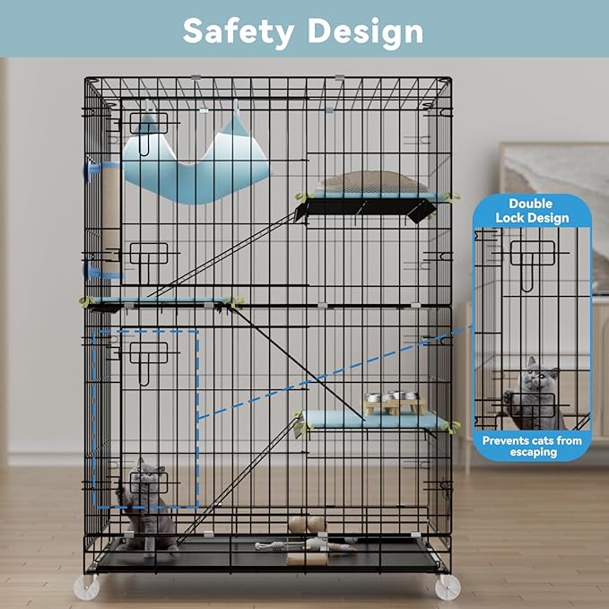 4-Tier Cat Cage Indoor: Large Cat Enclosure Pet Playpen Detachable Metal Wire Kennel Collapsible Crate with Scratching Post & Plush Pads & Hammock for Cats Kittens