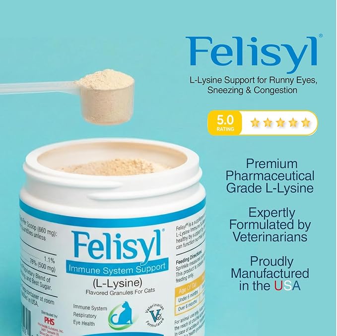Felisyl L-Lysine Granules for Cats 100g (3.5 oz, 310 Servings) – Supports Immune, Respiratory, and Eye Health. Eases Sneezing, Runny Nose, and Watery Eyes. Tasty Salmon Flavor - Made in The USA