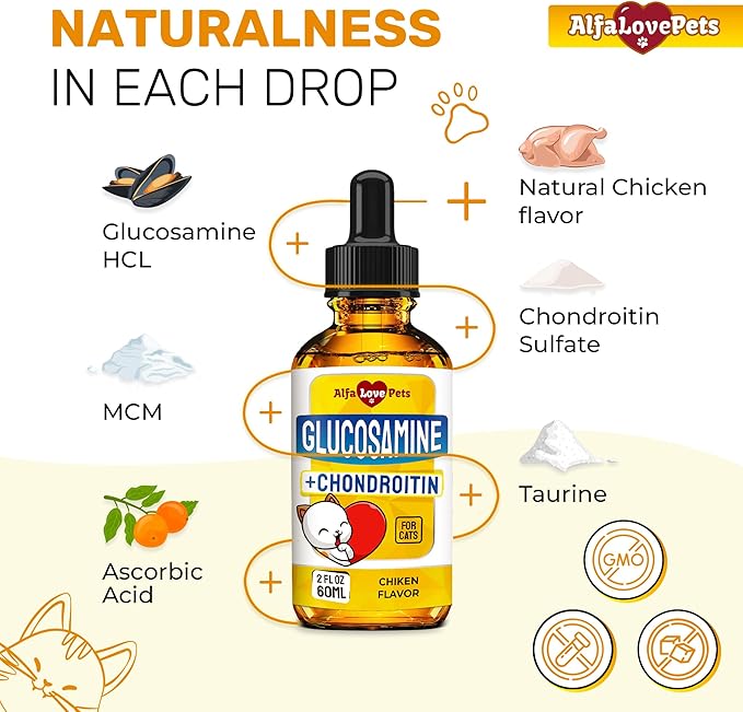 Liquid Glucosamine for Cats with Chondroitin – Taurine for Cats Works for Hips, Ligaments, Muscles, Circulation Maintenance – Cat Supplements with Natural Chicken Flavor 2-oz Bottle