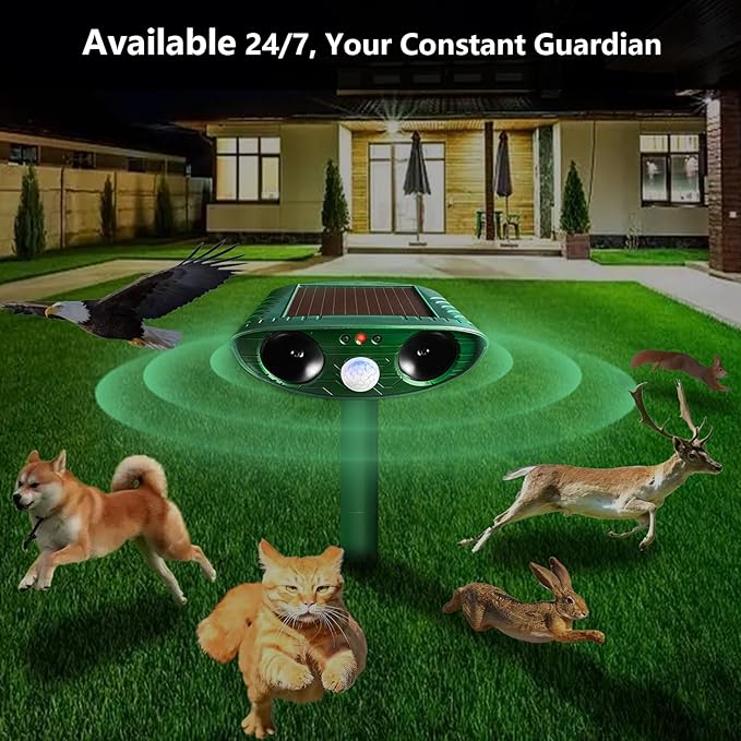 2 Pack Solar Ultrasonic Animal Repellent Outdoor, Cat Deterrent, Squirrel Repellent, Motion Activated Deer Repellent Devices for Squirrel Rabbit Skunk Raccoon Dog Cat Deer Fox Coyote Bird for Garden