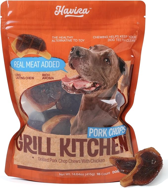 Havira BBQ Dog Treats Baked Pork Chop 16 Count, Grill-Shaped Rawhide Free Dog Chews Bone, Easily Digestible, for All Life Stages