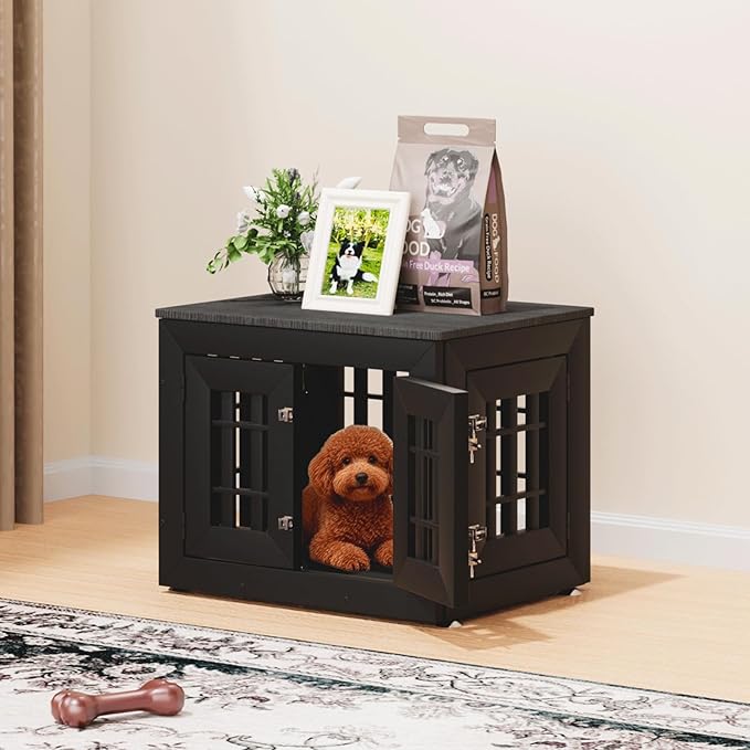 26" Heavy Duty Dog Crate Furniture for Small,Medium and Large Dogs,Rustic Wooden Dog Cage Kennel Indoor Furniture with Waterproof Top,Decorative Pet House Side End Table (Black)