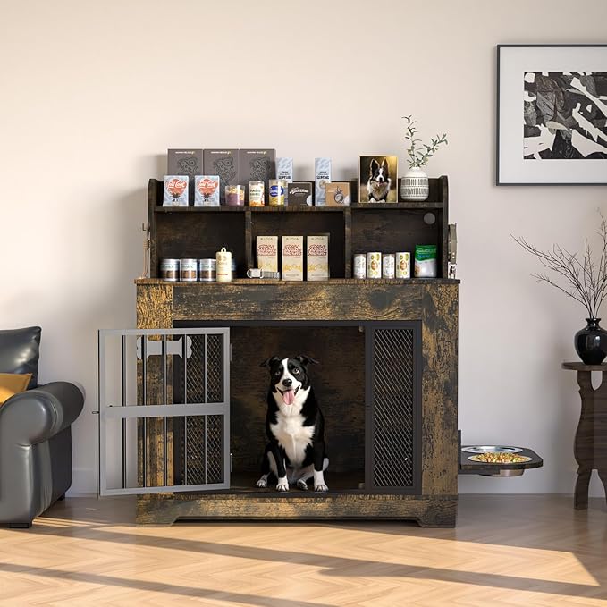 Petrova 33" Dog Crate Furniture for 1 Dogs, Heavy Duty Indoor Dog Kennel for Small/Medium Dogs, Wooden Dog Cage with 2 Stainless Steel Bowls, 4 Hooks, LED Light, Brown