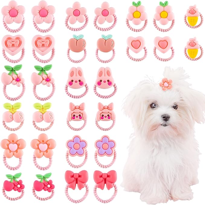 30 Pcs Cute Dog Bows with Rubber Bands, Small Size Dog Hair Accessories, Mix Style Handmade Ties for Yorkie, Maltese, Shih Tzu, Daily, Holiday (Pink)