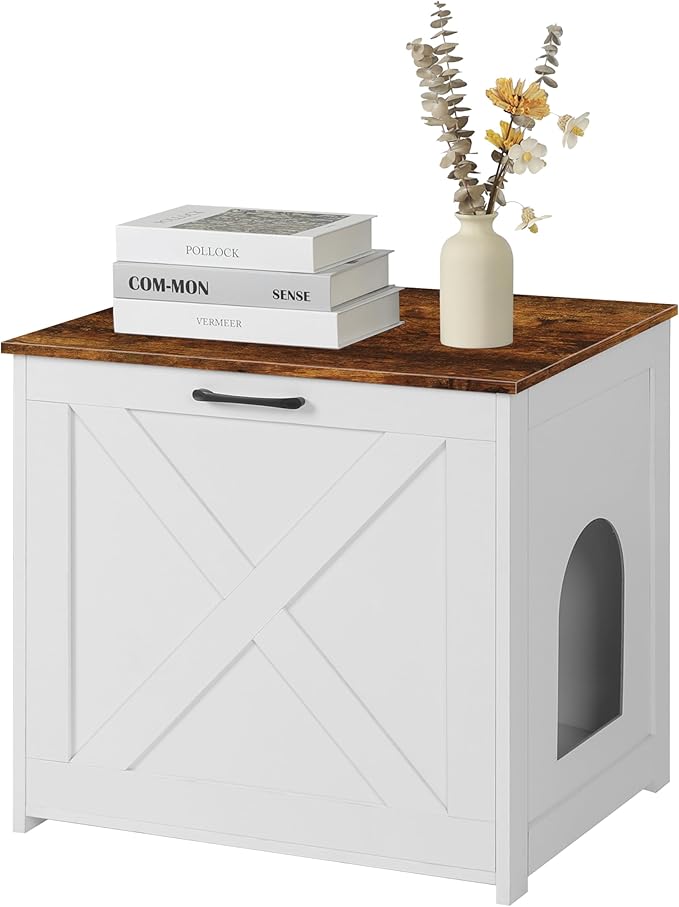 Dwanton Cat Litter Box Furniture Hidden, Cat Litter Box Enclosure, Reversible Entrance Can Be on Left or Right Side, Indoor Cabinet, Wooden Washroom, End Table, White and Rustic Brown, 23.6" L