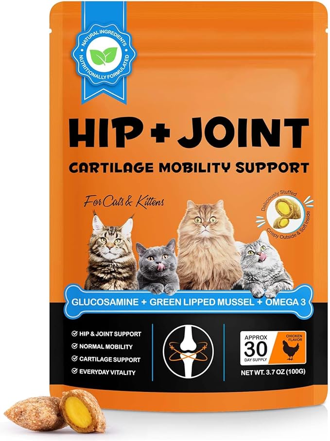 Cat Hip & Joint Health Chews – Cat Joint Support Supplement with Glucosamine, Green Lipped Mussel & Omega-3 – Supports Mobility, Flexibility & Cartilage Function (Chicken Flavor, 30-Day Supply)