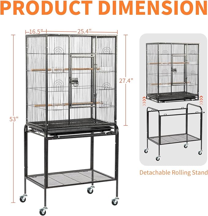 VINGLI Bird Cage with Wheels, Durable Wrought Iron Parakeet Cage with Slide Out Tray, Black Bird Cages for Parakeets/Lovebird/Cockatiels/Budgies and Other Small/Medium Birds (Large-53 inch)