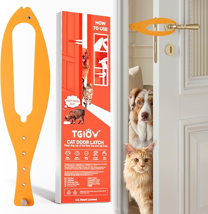 TGIOW Cat Door Latch, 1 Pcs Cat Door Stopper Pet Door Latch to Keep Dog Out of Litter Box and Food, Door Prop for Cat with 5 Adjustable Size Strap 2.5-6" Wide, No Measuring, Easy to Install, Yellow