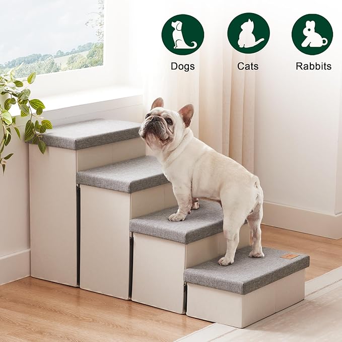 Love's cabin Dog Stairs for Small Medium or Large Dogs with Storage and Adjustable Steps, Foldable Cat Steps for Bed or Couch, 4-Step Gray Folding Ramp with Zip up to 200 lbs, Light Grey