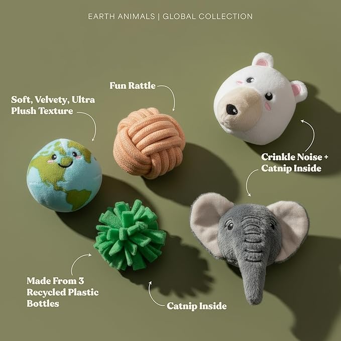Cat Toys | Plush Toy Earth Animals (Value 5-Pack) Cat Toys for Indoor Cats | Eco Friendly Toy Made from Non Toxic Materials