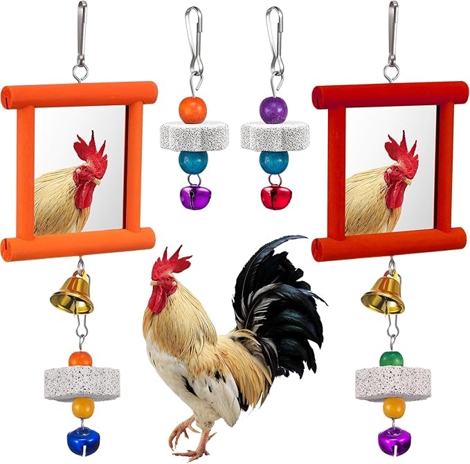 Sumind 2 Pieces Chicken Mirror Toys Hanging Swing Mirror with Bell Wooden Pecking Toy and 4 Pieces Beak Grinding Molar Stones for Hens Birds Parrots (Red,Orange)