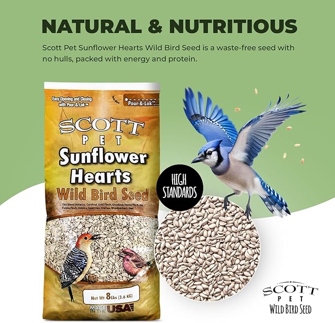 Scott Pet Wild Bird Seed, Sunflower Hearts, 8 lbs Bag, For All Feeder Types, Great Source of Protein, Food for Outside Wild Birds