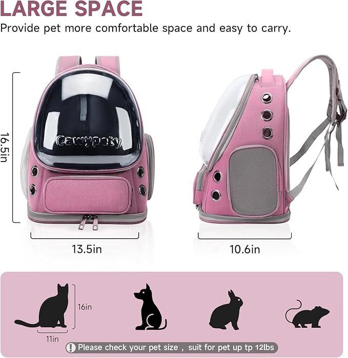 Cat Backpack Carrier, Breathable Cat Carrier Large Space Bubble Pet Backpack for Kitty Small Dog up to 12lbs, Transparent & Foldable Pet Carrier for Travel Hiking（Pink）