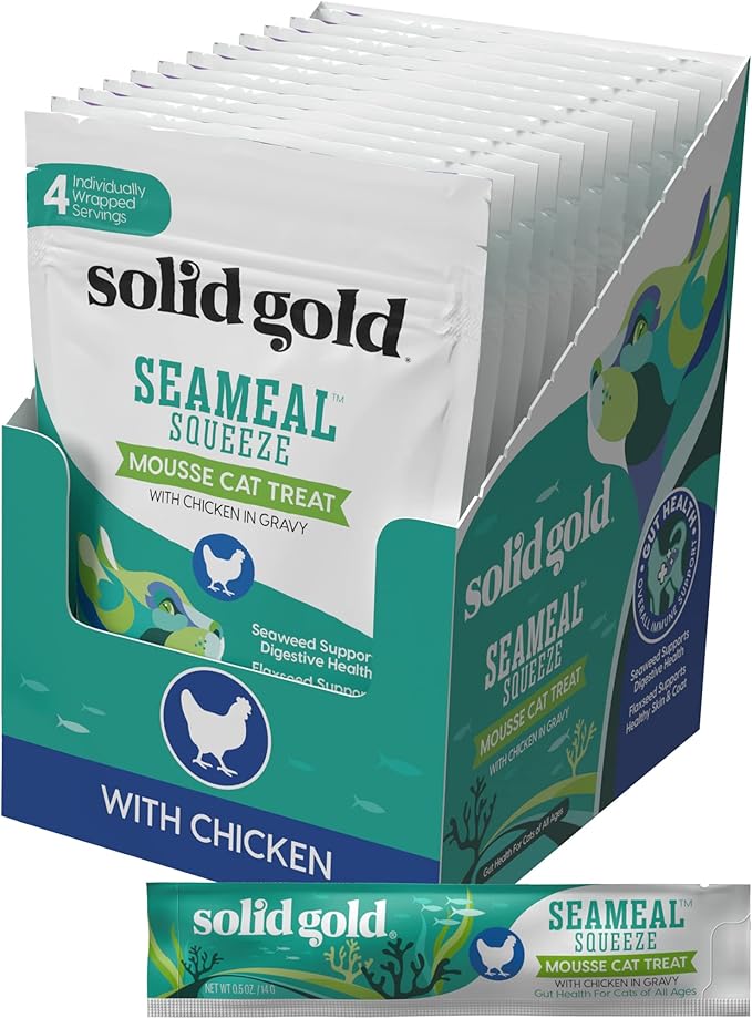 Solid Gold SeaMeal Squeeze Chicken Lickable Cat Treats with Seaweed for Skin & Coat - Wet Cat Treats with Digestive & Immune Health Support - Natural, Holistic, Grain Free (48 Squeezes)