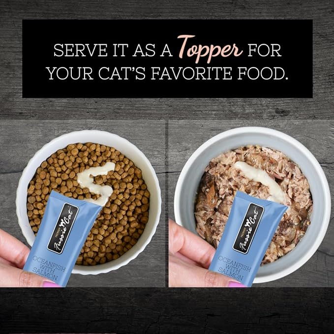 Fussie Cat Ocean Fish and Salmon Puree, lickable cat Treats, 0.5oz, 4 Count Pouch Pack of 3