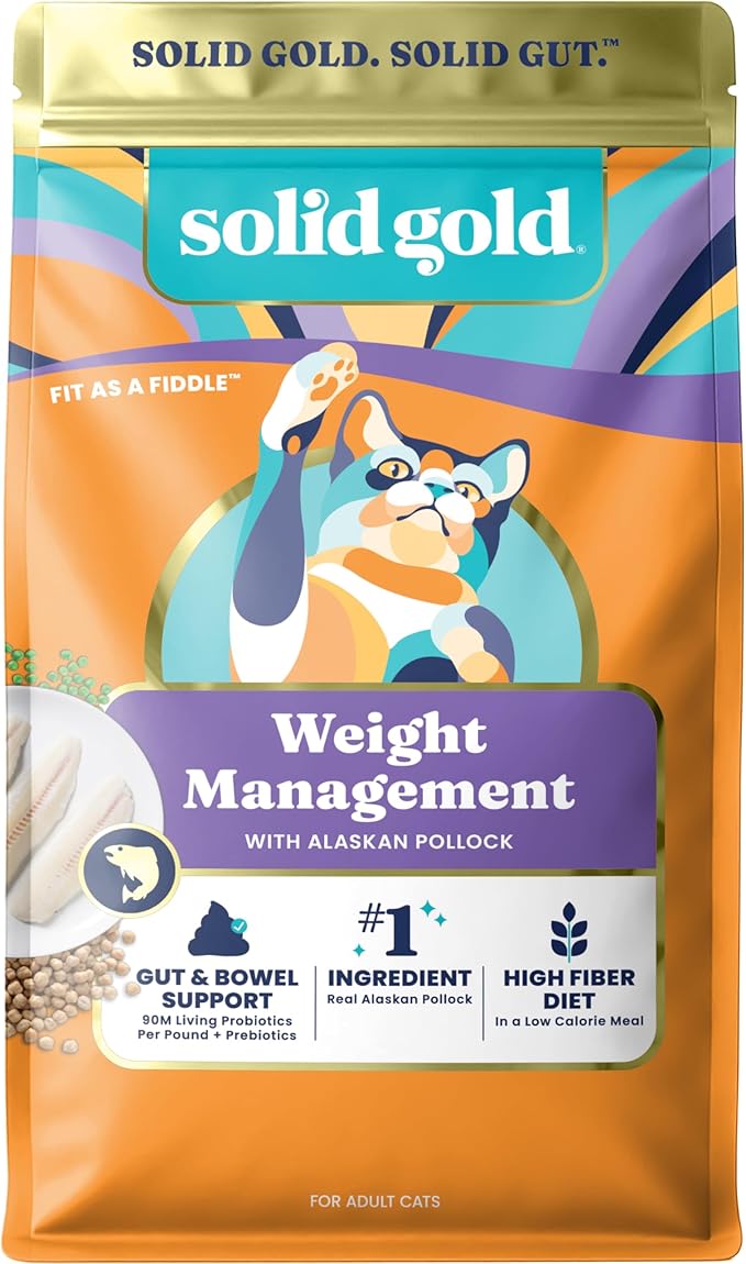 Solid Gold Weight Management Cat Food for Adults - Grain Free & Gluten Free Dry Cat Food Indoor & Outdoor Recipe for Healthy Weight w/Alaskan Pollock & Probiotics for Gut Health - 12 LB