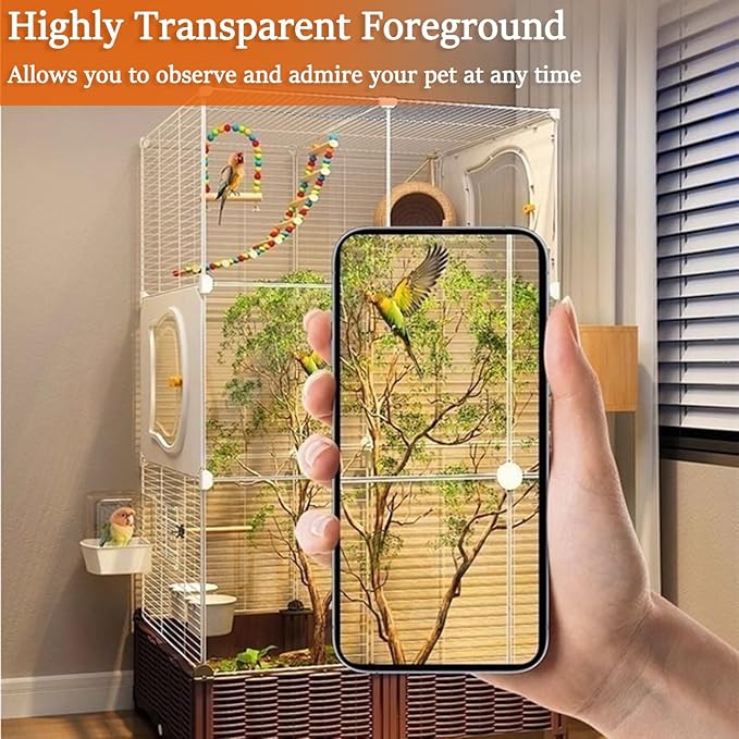 48.8-inch Home Acrylic Large Bird Cage, Parakeet Parrot Cage Birdcages Canary Bird Cages with Plant Box, Horizontal Wire Mesh, White, 29.1''Wx14.6''Dx48.8''H