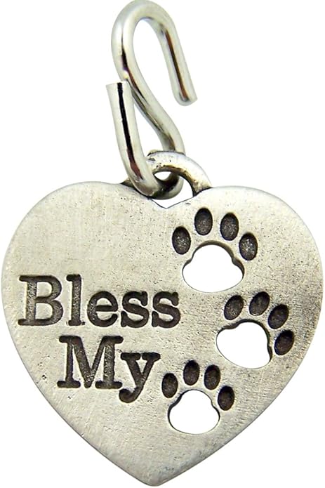 Pewter Heart Shape Bless My Pet Dog Cat Collar Charm with Paw Prints, 1 Inch