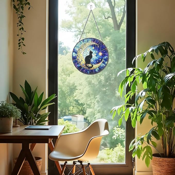 Midnight Black Cat on Moon Stained Glass Suncatcher - Celestial Window Hanging Decor for Feline Lovers, Heartfelt Pet Loss Memorial Gift, Unique Sympathy Decor for Grieving Cat Owners