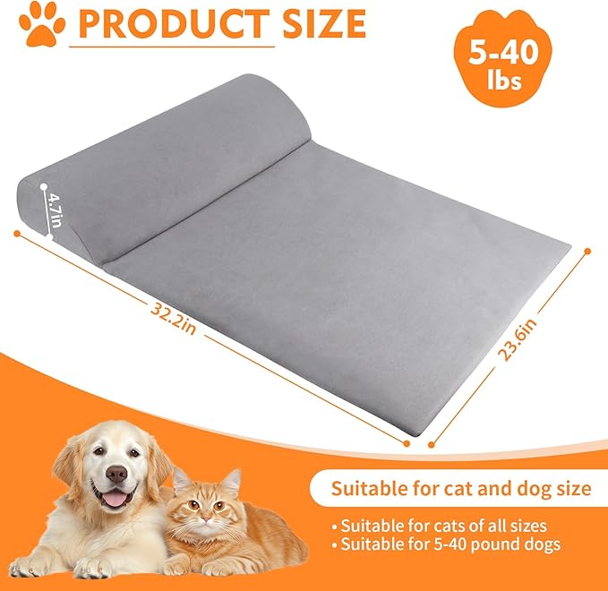 Dog Bolster Pillow for Large Dog, Benefit for Cervical Vertebra and Neck, Headrest with High Resilience Foam, Easy to Carry, Machine Washable Cover＆Easy to Clean, Light Grey(Large)
