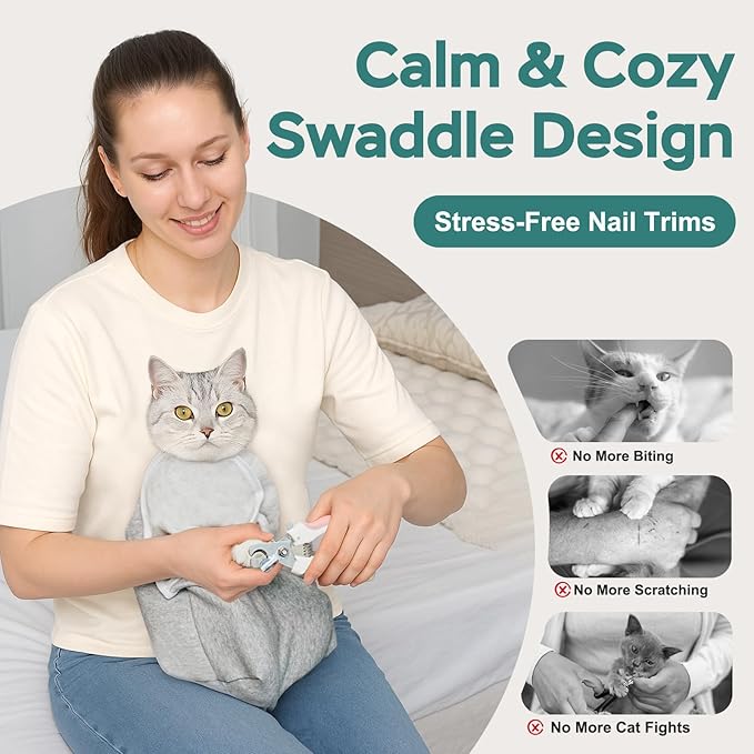 Self-Adhesive Cat Grooming Wrap, Cozy Cat Wrap for Cutting Nails, Breathable Anti-Scratch Cats Swaddle Bag for Brushing, Ear Cleaning, Dental Care, Medication, Injections, Grey S