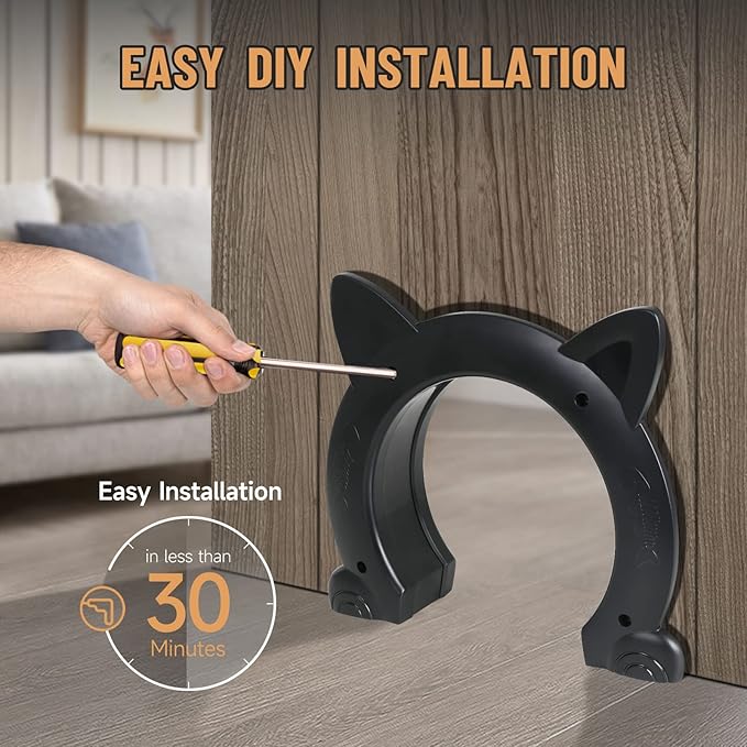 Cat Door Interior Door for Kitties, Pet Door for Hollow Door, Kitty Door, Indoor, Secured Installation in Minutes, No-Flap（Black）