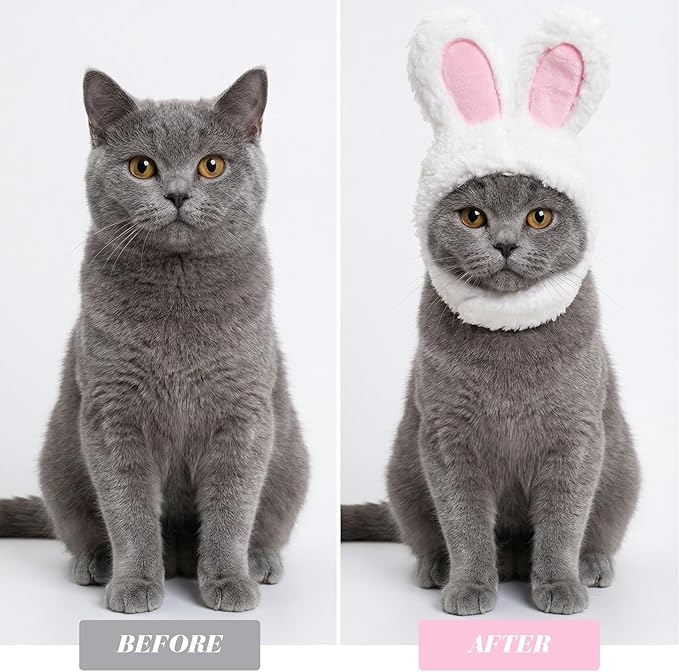 Bunny Rabbit Hat with Ears for Cats and Small Dogs Cute Plush Cat Costume Headwear for Easter Halloween