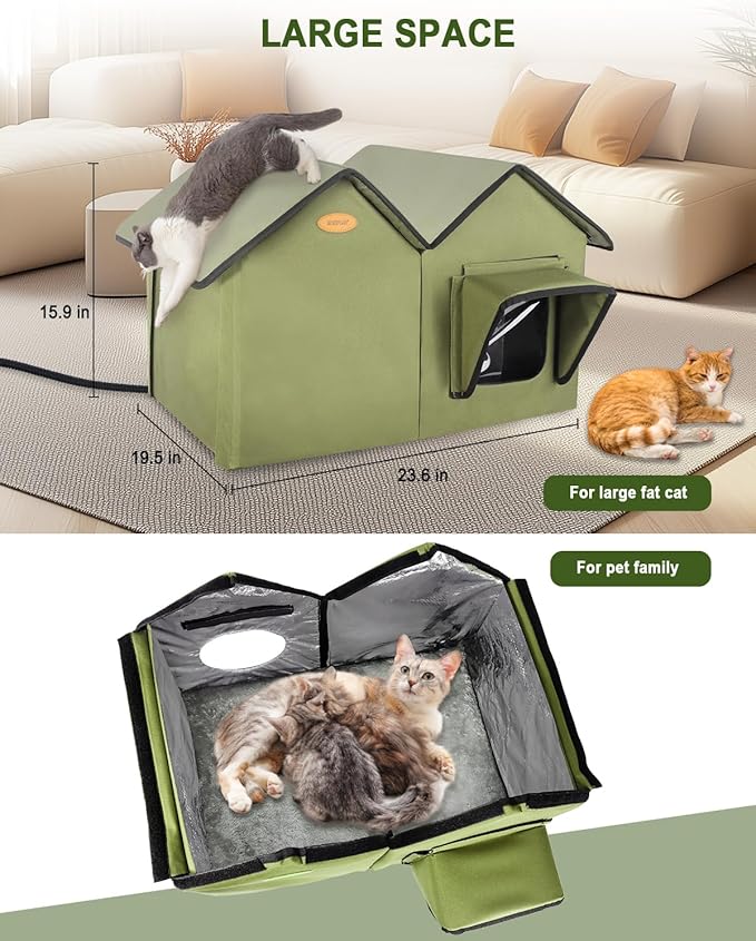 Heated Cat House for Outside Cats in Winter, Large Insulated Heated Outdoor Cat House Weatherproof with Elevated Base & Escape Door, Waterproof Cat Shelter for Multiple Cats Feral Stray Barn Kitty