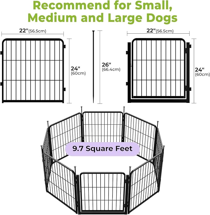 SunsGrove Dog Playpen Outdoor, Heavy Duty 24 Inch 8 Panels Dog Playpen for Small and Puppy Dogs, Free and Safe Play Dog Fence Indoor, Black