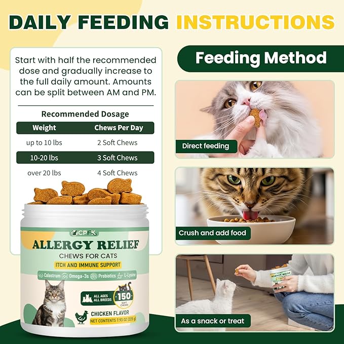 Cat Allergy Relief for Cats, 150 Soft Chews for Cat Itch and Allergy Relief with Omega-3 and Probiotics Coat Health, Immune Boost and Seasonal Allergies Chicken Flavor Chews