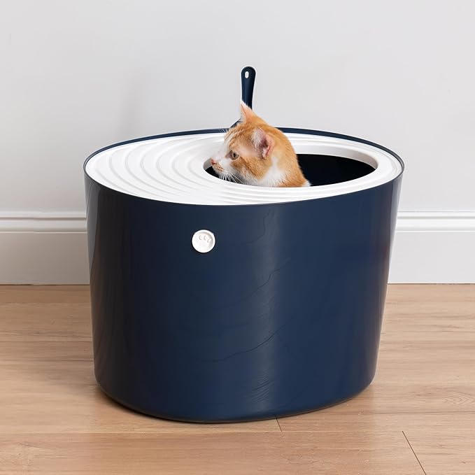 IRIS USA Large Top Entry Cat Litter Box with Lid Enclosed Covered Hooded Design Litter Catching Scatter Shield Pan Dog Proof Pet Proof Scoop Included Odor Control for Indoor Cats Kittens, Navy/White