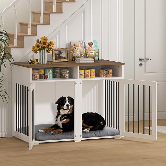 Furniture Dog Crate for Two Dogs, 41 Inch Farmhouse Style Dog Kennel with Removable Divider and Thickened Desktop, Heavy-Duty Base for Small to Medium Dogs, White