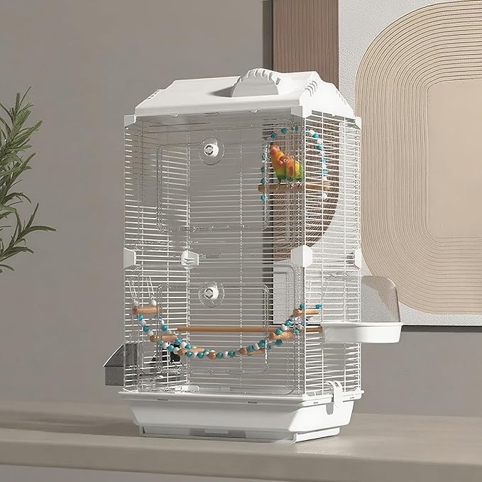 28inch Small Bird Cage Parrot Cage, White Iron Pet Bird Flight Cage Portable Birdcage with 2 Doors Cute Style for Parrots Cockatiels Conure Budgie Small Medium Birds