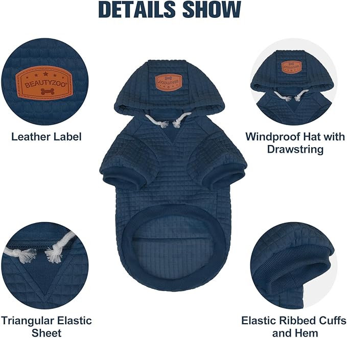 BEAUTYZOO Medium Dog Hoodie Sweater with Pockets, Dog Clothes for Small Medium Dogs Boy Girl, Waffle-Like Laminated Cotton Pet Coats with Hat and Leash Hole, Navy Blue XL