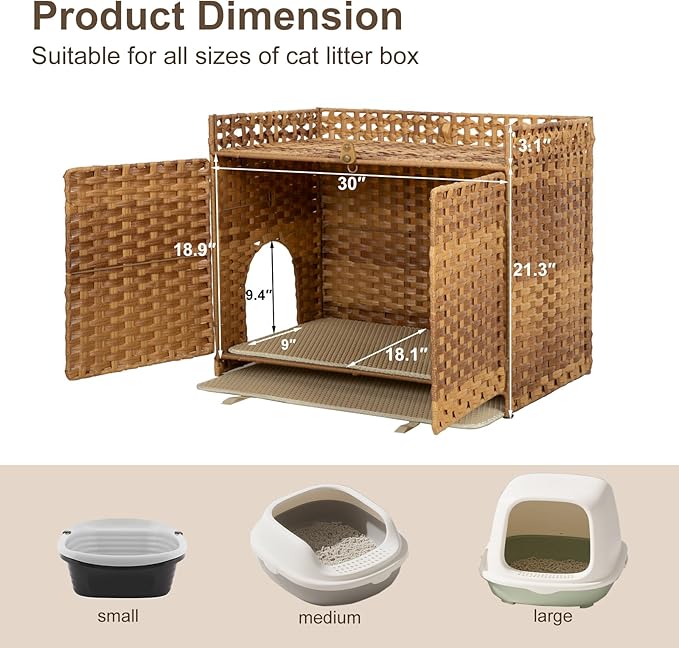 Hidden Cat Litter Box Enclosure Furniture - Handwoven Rattan Pet House with Removable Mat, Elevated Metal Feet, Large 30.3x18.2x24.5 Inches for Modern Design Indoor Living