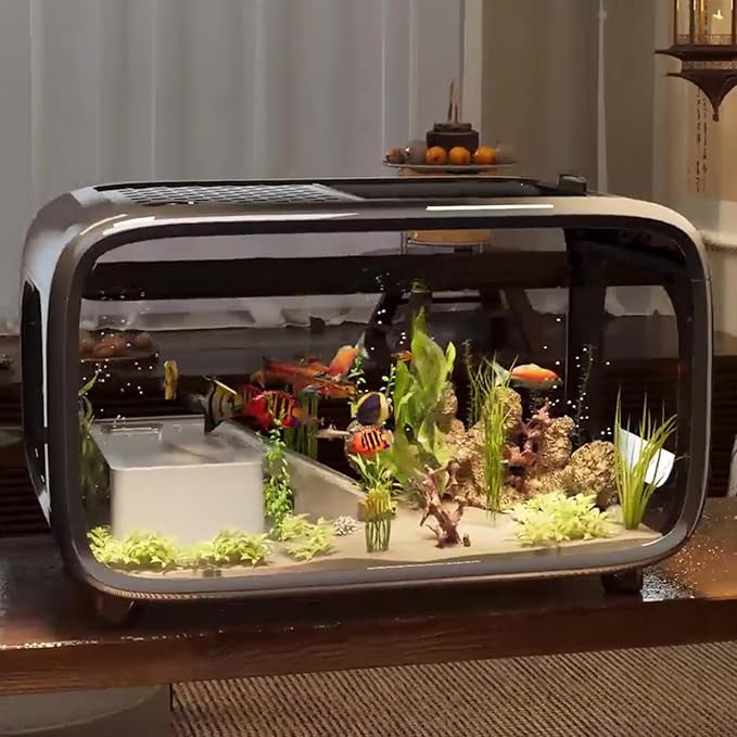 Small Aquarium | Desktop Fish Bowl Turtle Tank with Climbing Decor,Clear Living Habitat Landscape Decor with Top Feeding Hole for Aquatic Animals Shrimp Snails Aquatic Planting Betta