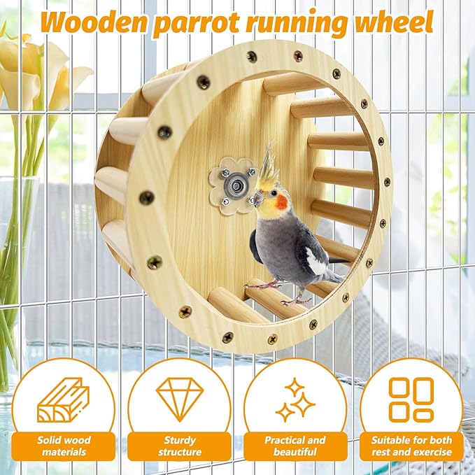 PINVNBY Wooden Bird Exercise Wheel Parrot Running Wheel Toy Cage Mounted Parakeet Interactive Spinner Toy Bird Rotating Perch for Budgies Lovebird Java Sparrow Canary Parrots and Some Small Animals