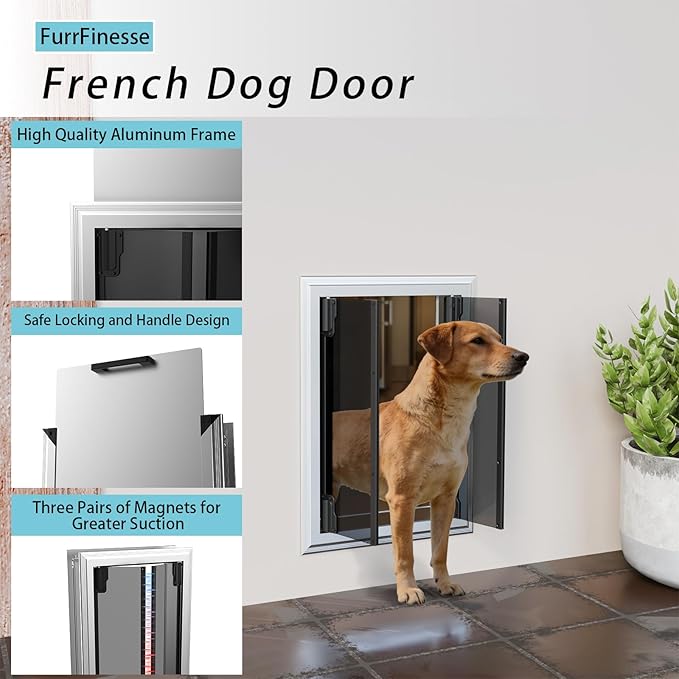 Dog Door for Wall, Energy Efficient French Doggy Door with Aluminum Frame, Telescoping Tunnel and Magnetic Flaps, Easy Install for Walls 4"- 7 7/8" Thick, Large