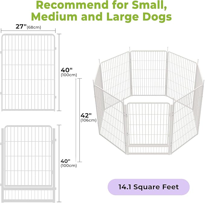 SunsGrove Dog Play Pen Indoors, 40 Inch 8 Panels Dog Playpen for Medium and Large Dogs, Easy Setup Anti-Rust Pet Fence, White