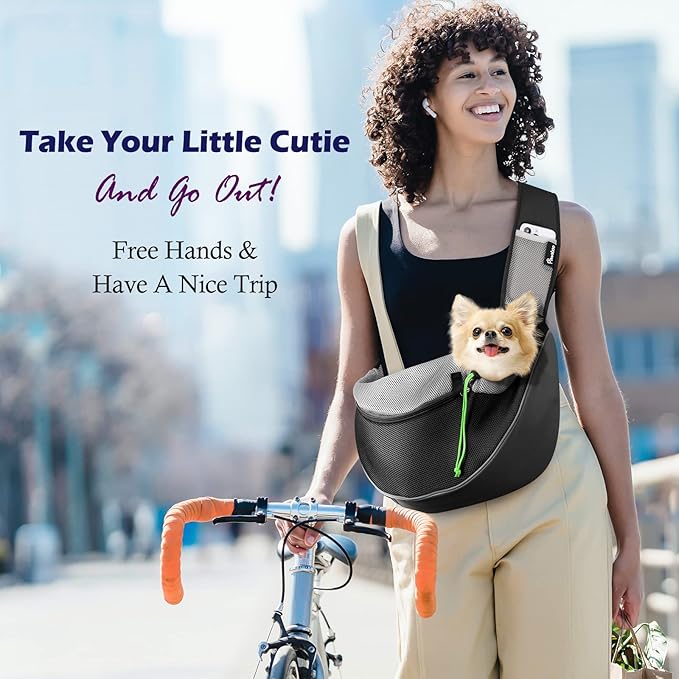 Pawaboo Hand Free Dog Sling Carrier, Breathable Mesh Bag for Pet Puppy Cat, Drawstring Dog Papoose with Adjustable Strap and Pocket, Crossbody Dogs Purse for Travel Outdoor, M, Black