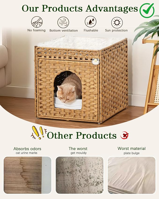 Cat Litter Box Enclosure Furniture with One Cat Bed Pad, Hidden Litter Box Handwoven Rattan Cat House with Two S-Shaped Hooks for Living Room, Bedroom, 18.5 x 20.5 x 19.1 Inch,Natural