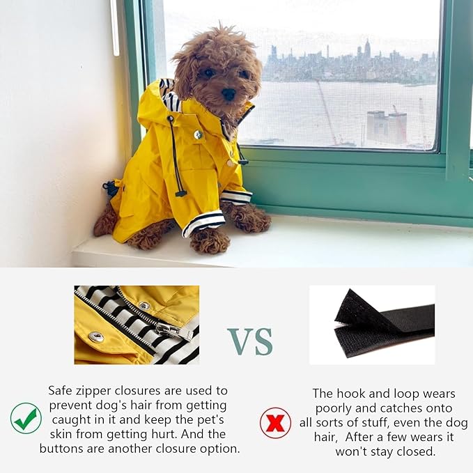 Morezi Dog Zip Up Raincoat with Reflective Buttons, Rain/Water Resistant, Adjustable Drawstring, Removable Hood, Raincoats with Legs 8lbs to 80lbs Available - Yellow - XS