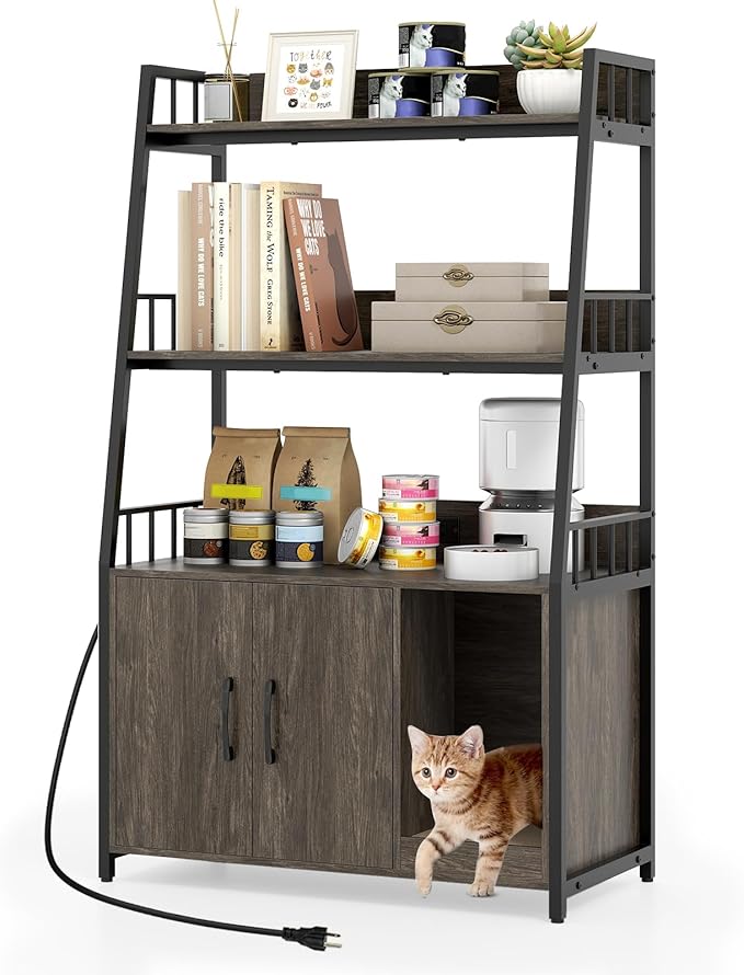 PETSITE Cat Litter Box Enclosure with Storage Shelves, 52 Inches Tall Hidden Litter Box with Charging Station, Scratching Board, and Winding Entry (Grey)