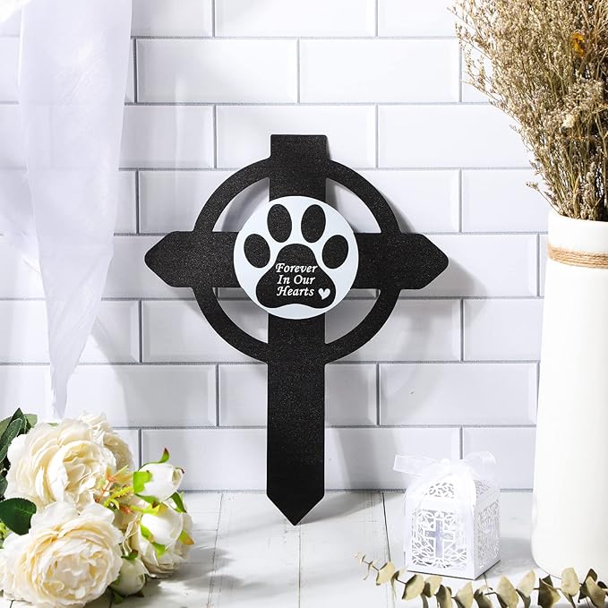Wesiti Dog Pet Grave Markers Metal Pet Memorial Stake Paw Print Memorial Plaque Cross Pet Memorial Gifts Cemetery Garden Grave Decoration Memorial Garden Decor for Dog Outdoors Yard Garden Remembrance