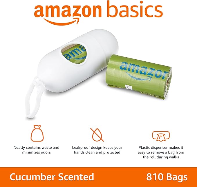 Amazon Basics Premium Leak Proof Dog Poop Bags with Dispenser and Leash Clip, Cucumber Scented, 13" x 9", 810 Count (54 Rolls of 15)