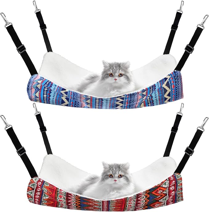 Jetec 2 Pack Cat Hammock for Cage, Catio Accessories Reversible Soft Cats Bed with Adjustable Straps and Hooks Double-Sided Linen and Fleece Hanging Hammock for Cats, Kitten(Ethnic Pattern,L)