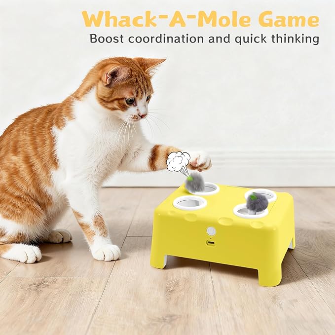 Interactive Cat Toy for Indoor Cats, 3 Modes Feathers Toy, Rechargeable 4 Holes Mole Cat Toys, Cheese Box for Kitten, 4 Accessories (Yellow)