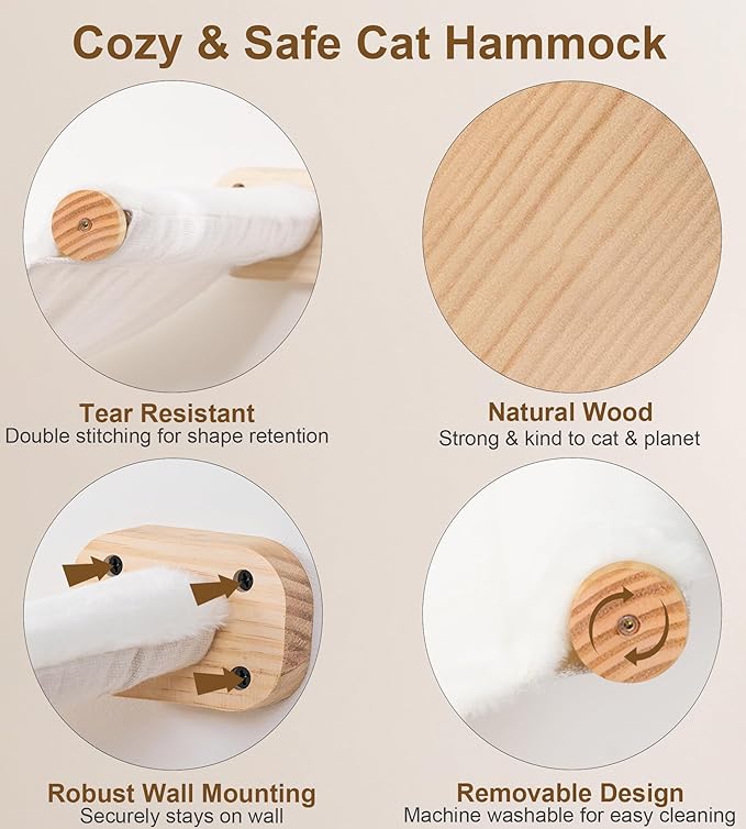 Cat Wall Hammock Set of 4 – 1 Floating Fabric Hammock, 2 Ladders with 4 Steps Each & 1 Flat Shelf – Wall Mounted Cat Bed Furniture Indoor Playground