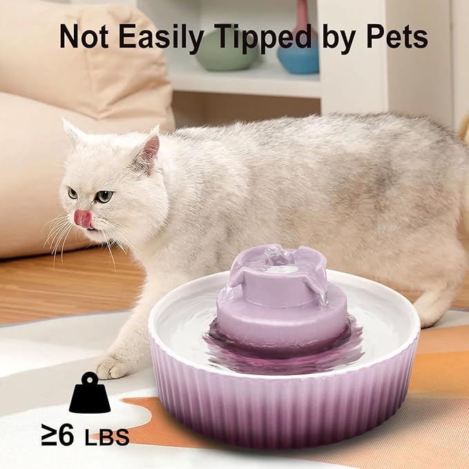 Ceramic Cat Water Fountain, 2.1L/71oz Cat Fountain with 3 Carbon Filters and 2 Water Pumps, Cupcake Pet Water Fountain for Cats and Dogs (Purple)